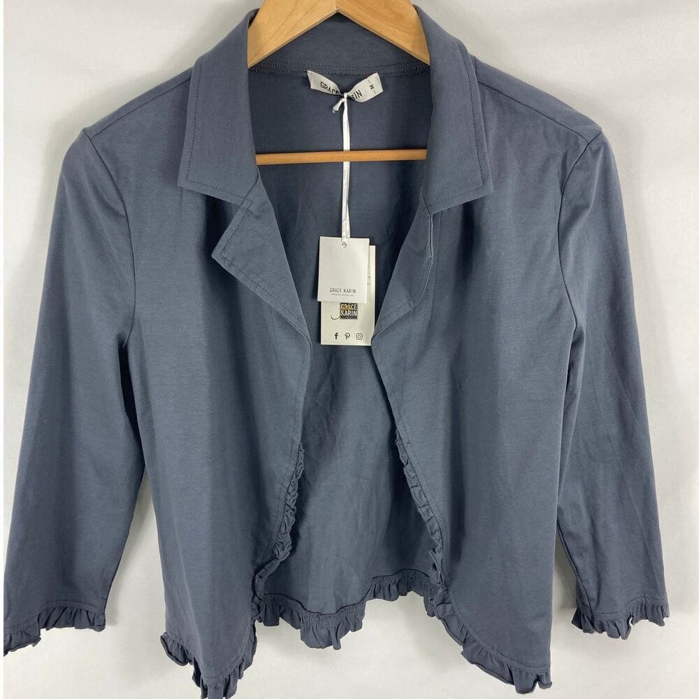 NWT Grace Karin Ruffle Detail Cardigan Grey Size Medium